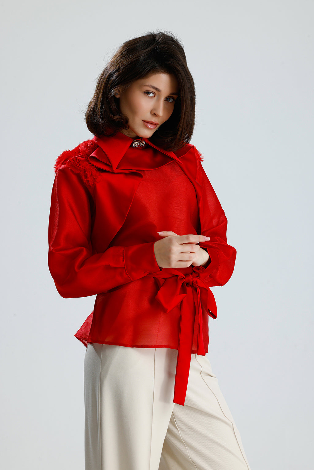 Red Floral Embellished Sheer Blouse