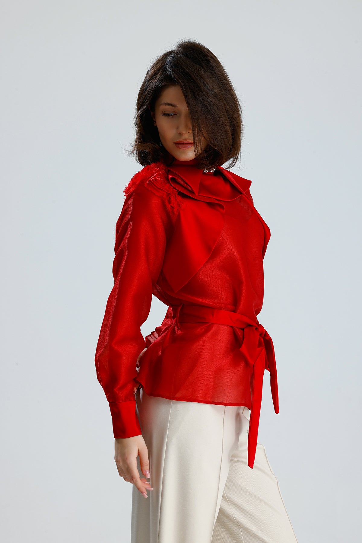 Red Floral Embellished Sheer Blouse