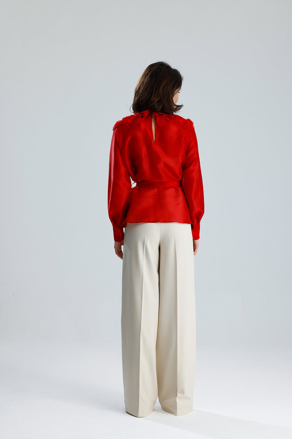 Red Floral Embellished Sheer Blouse