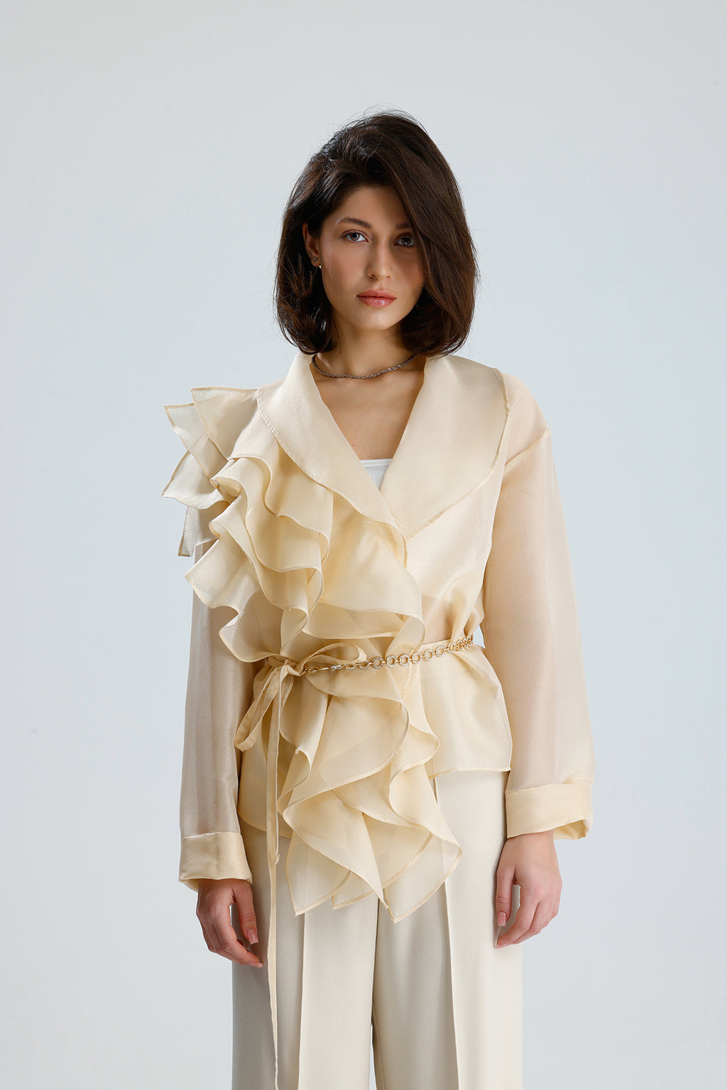 Ivory Cascade Ruffle Blouse