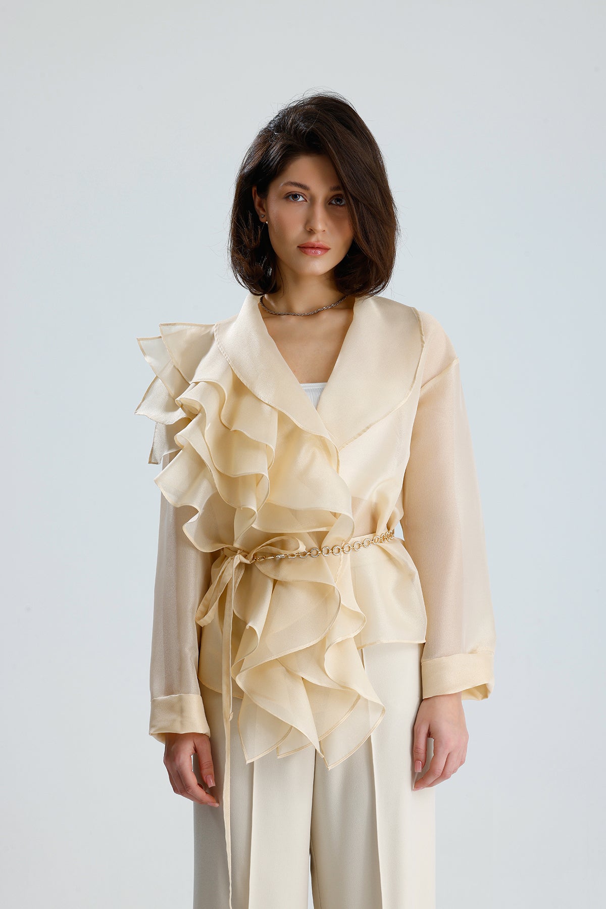 Ivory Cascade Ruffle Blouse