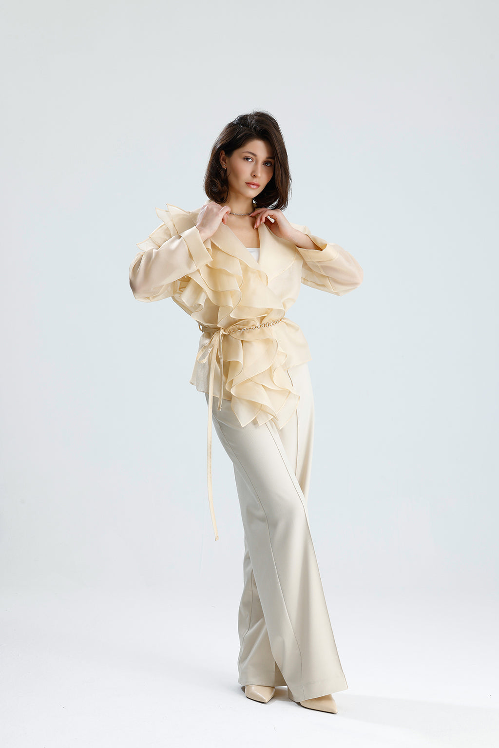 Ivory Cascade Ruffle Blouse