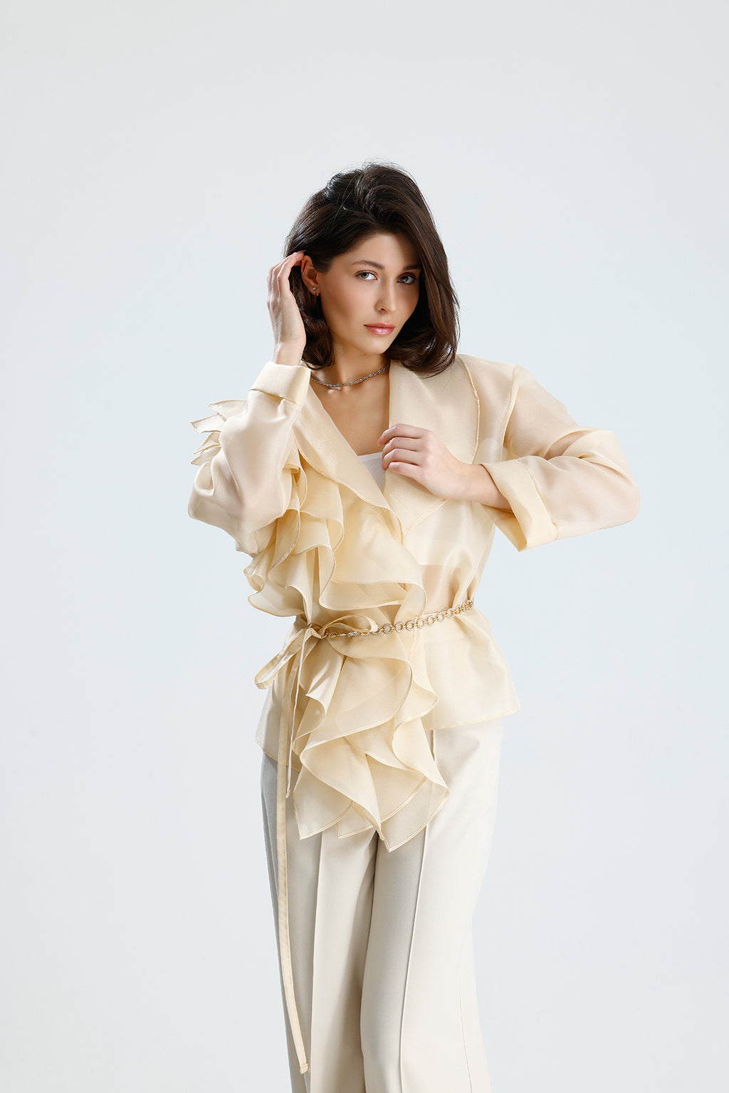 Ivory Cascade Ruffle Blouse