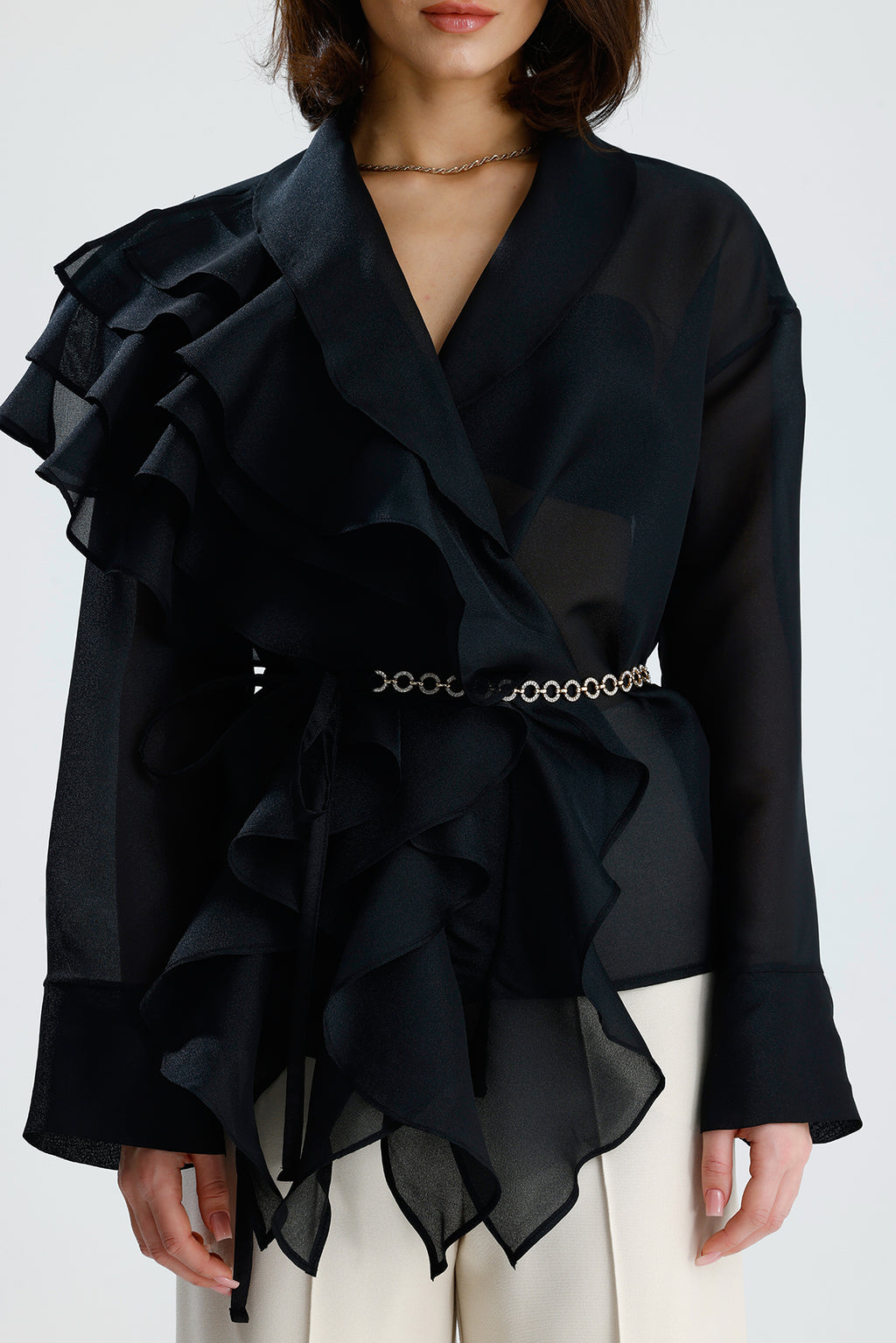 Black Cascade Ruffle Blouse