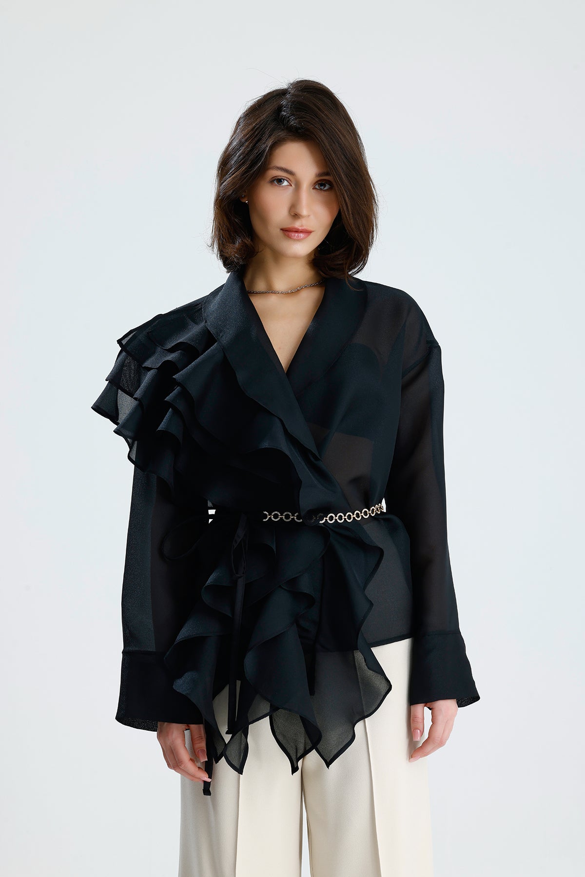 Black Cascade Ruffle Blouse