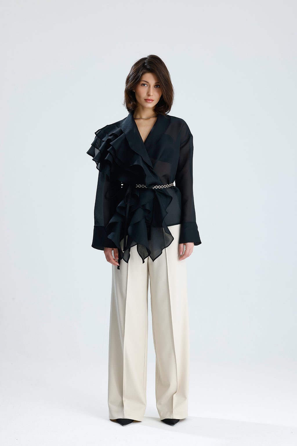 Black Cascade Ruffle Blouse