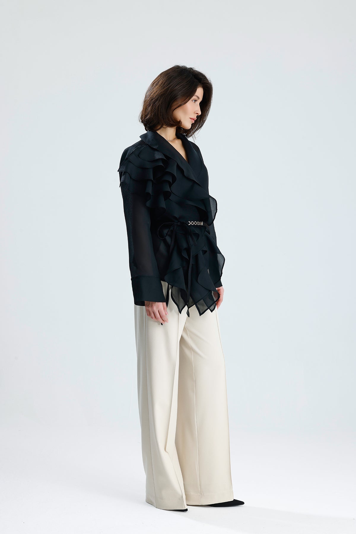 Black Cascade Ruffle Blouse