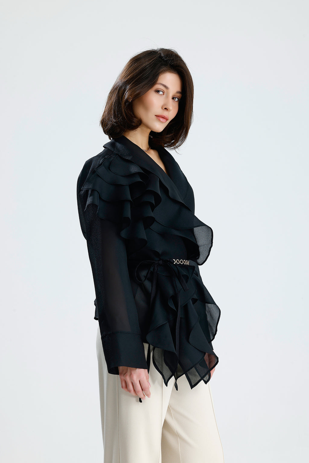 Black Cascade Ruffle Blouse