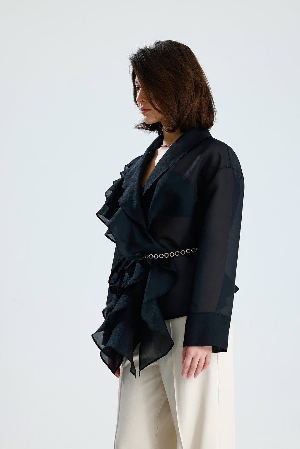 Black Cascade Ruffle Blouse