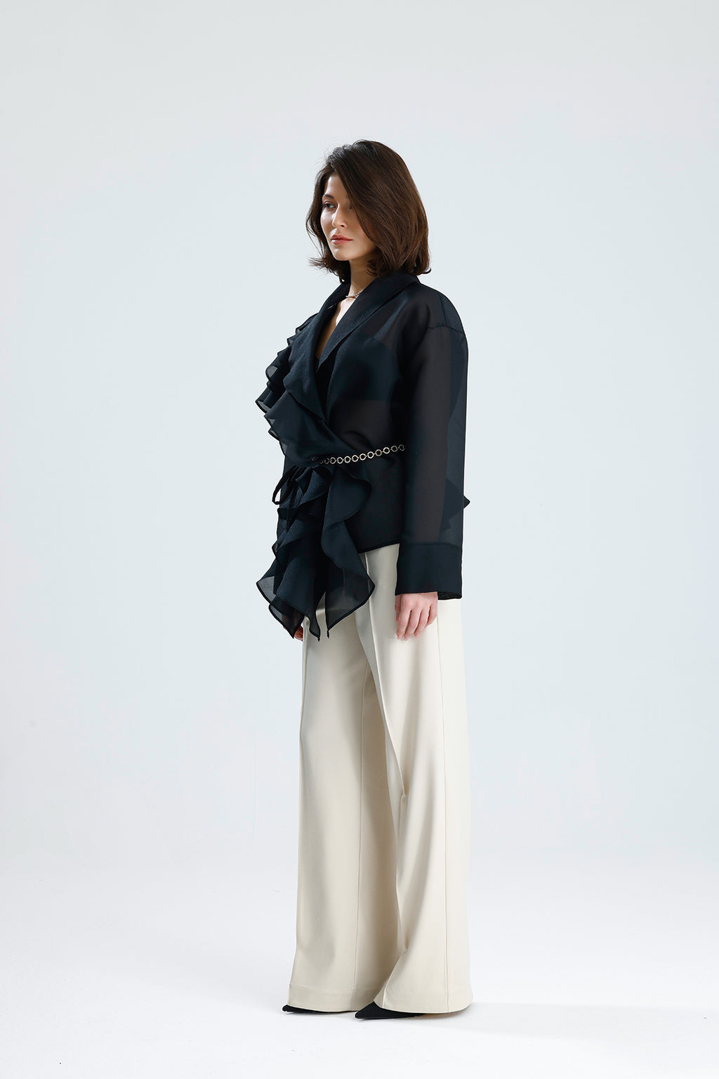 Black Cascade Ruffle Blouse