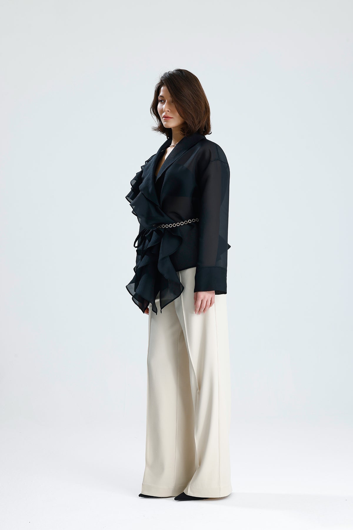 Black Cascade Ruffle Blouse