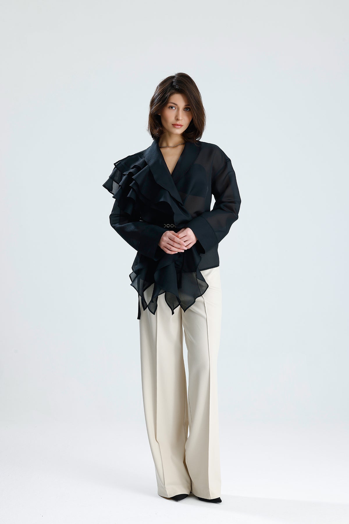 Black Cascade Ruffle Blouse