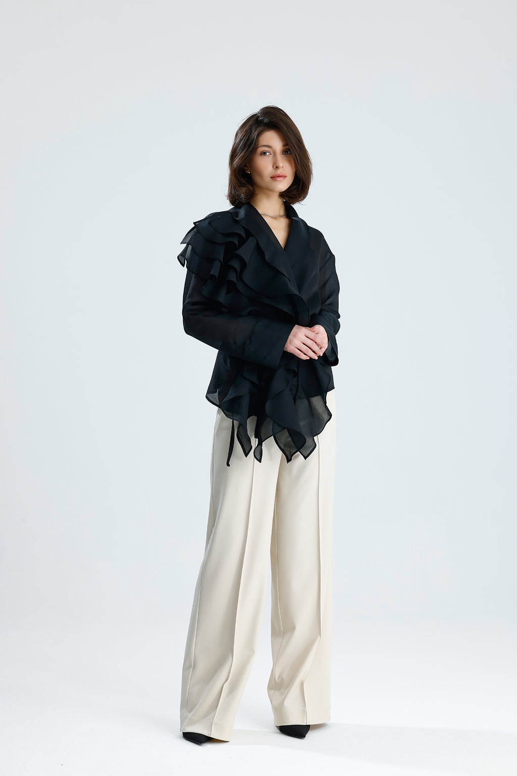 Black Cascade Ruffle Blouse