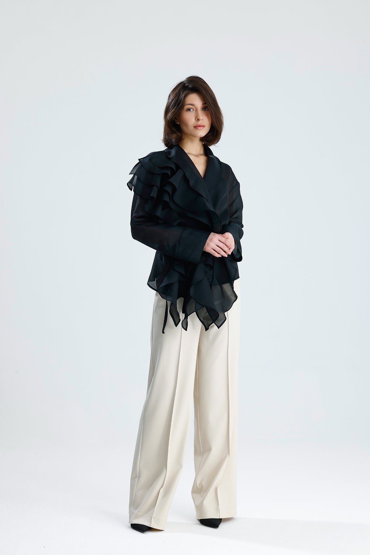 Black Cascade Ruffle Blouse