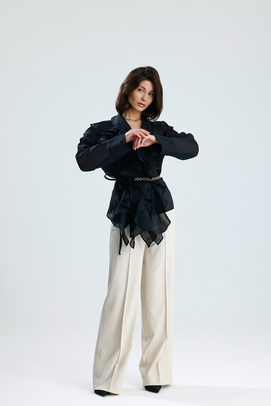 Black Cascade Ruffle Blouse