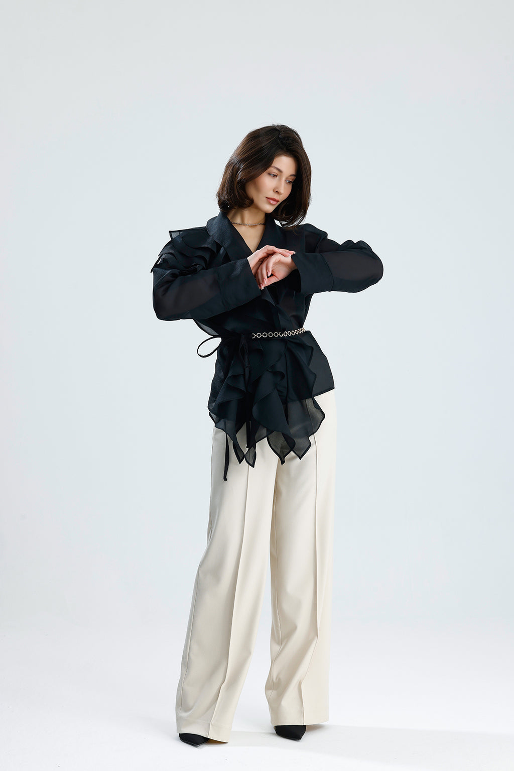 Black Cascade Ruffle Blouse