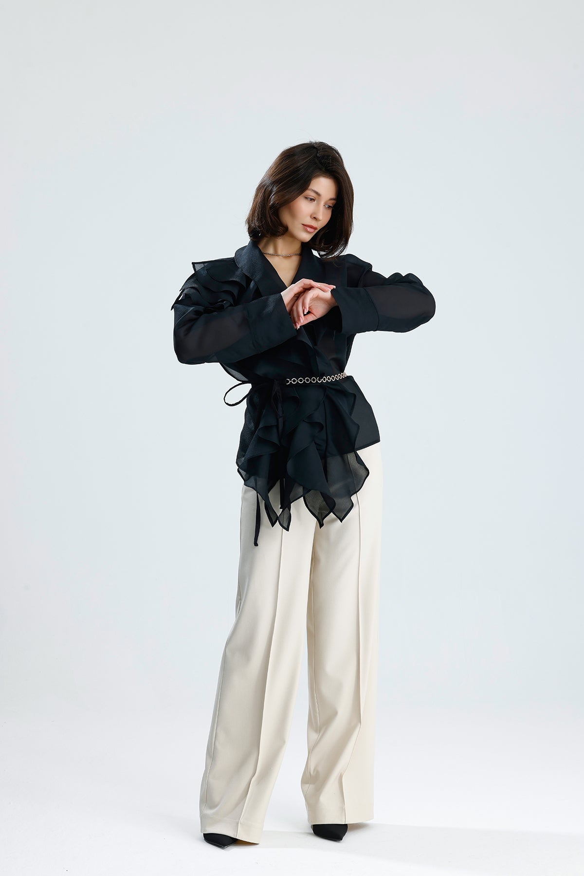 Black Cascade Ruffle Blouse