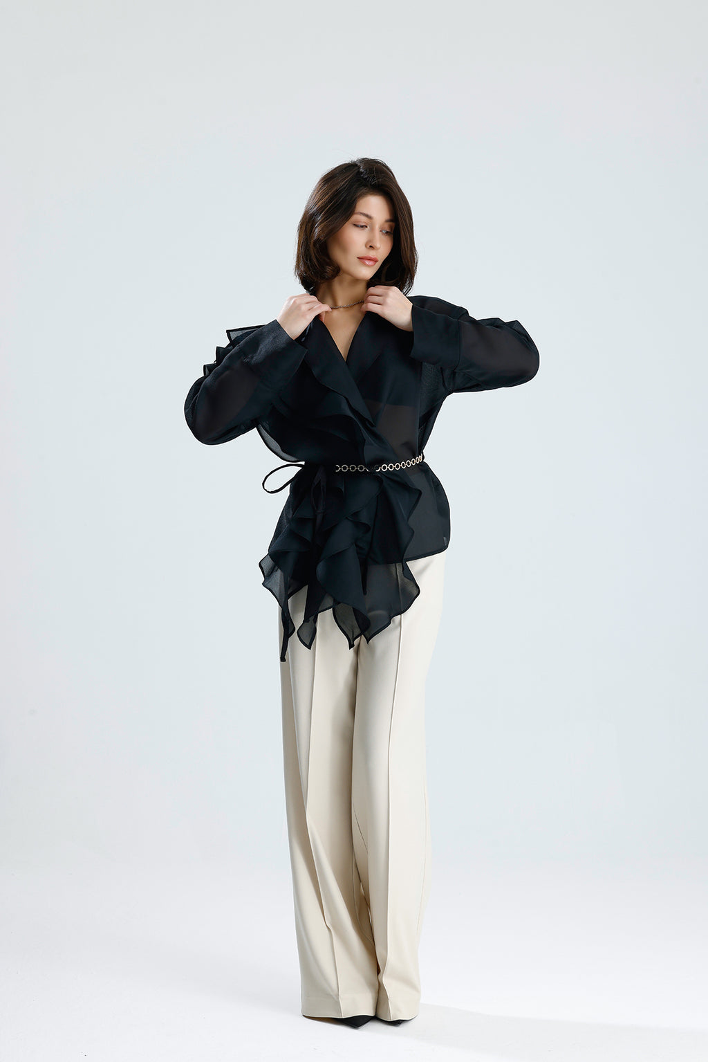 Black Cascade Ruffle Blouse