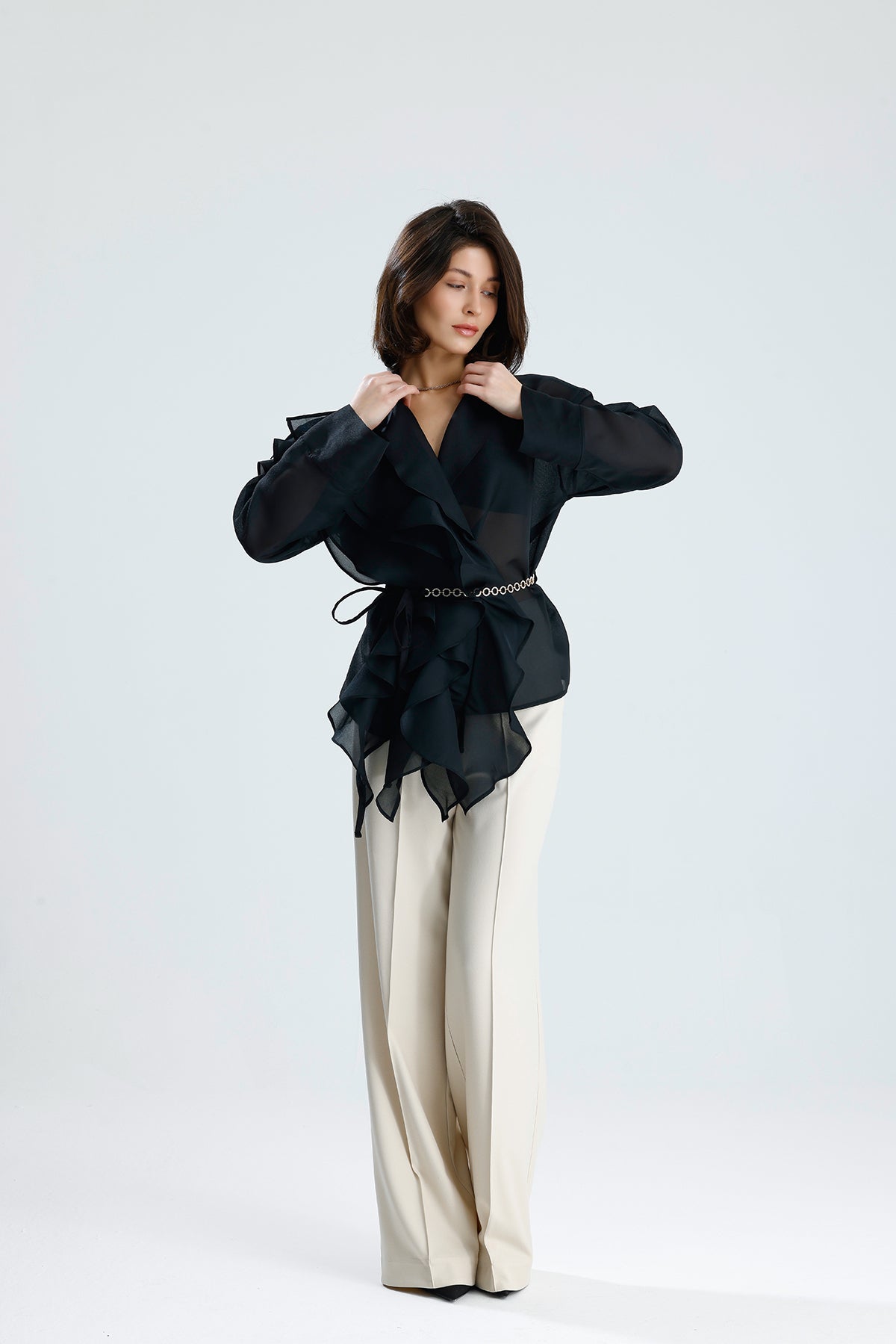 Black Cascade Ruffle Blouse