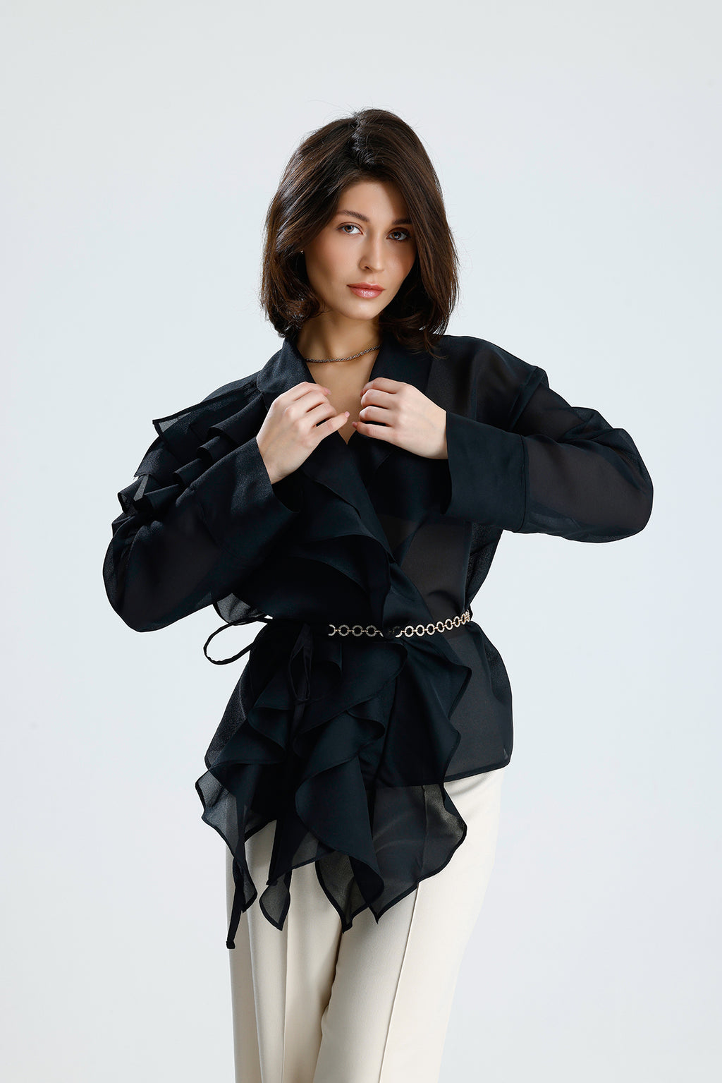 Black Cascade Ruffle Blouse
