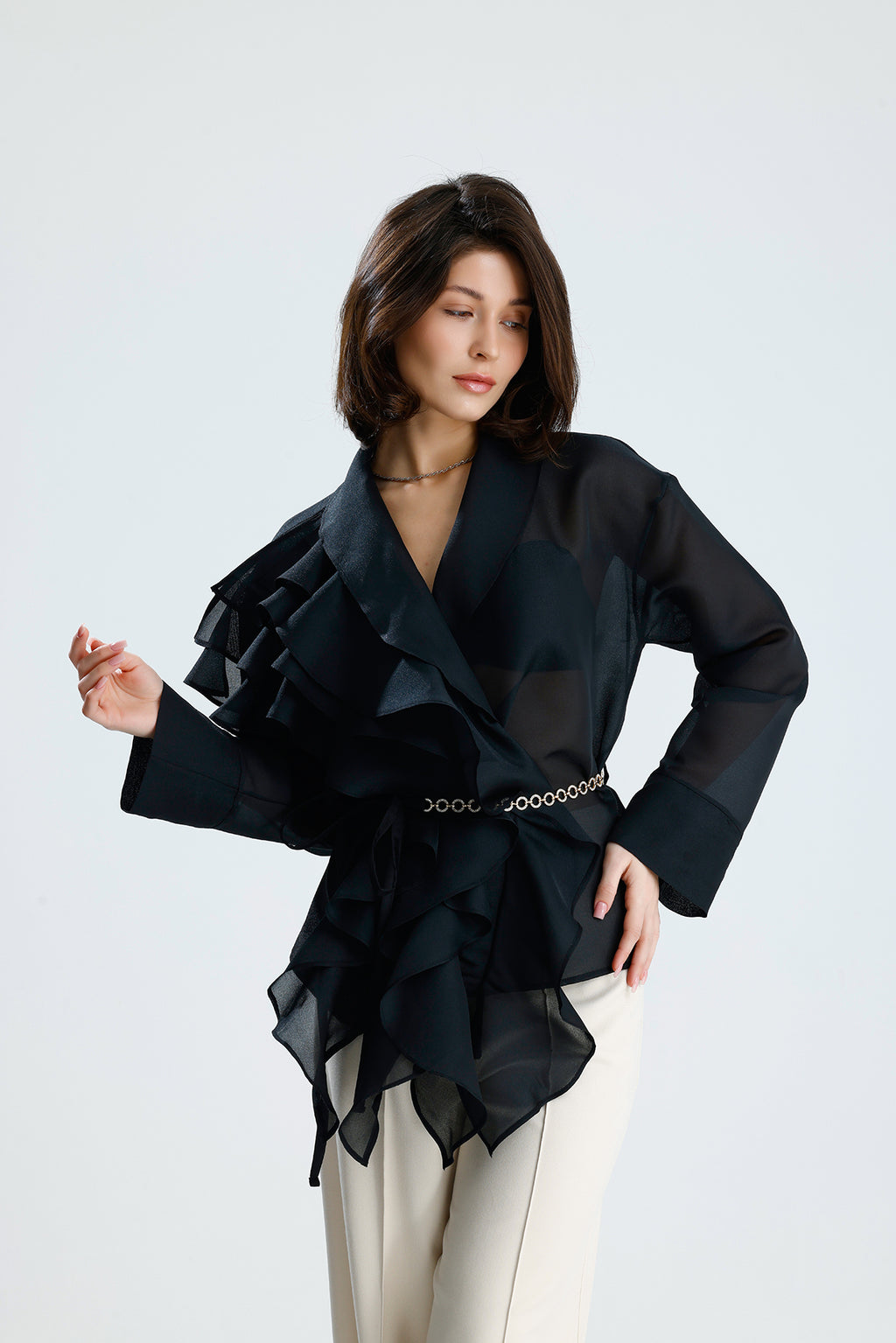 Black Cascade Ruffle Blouse