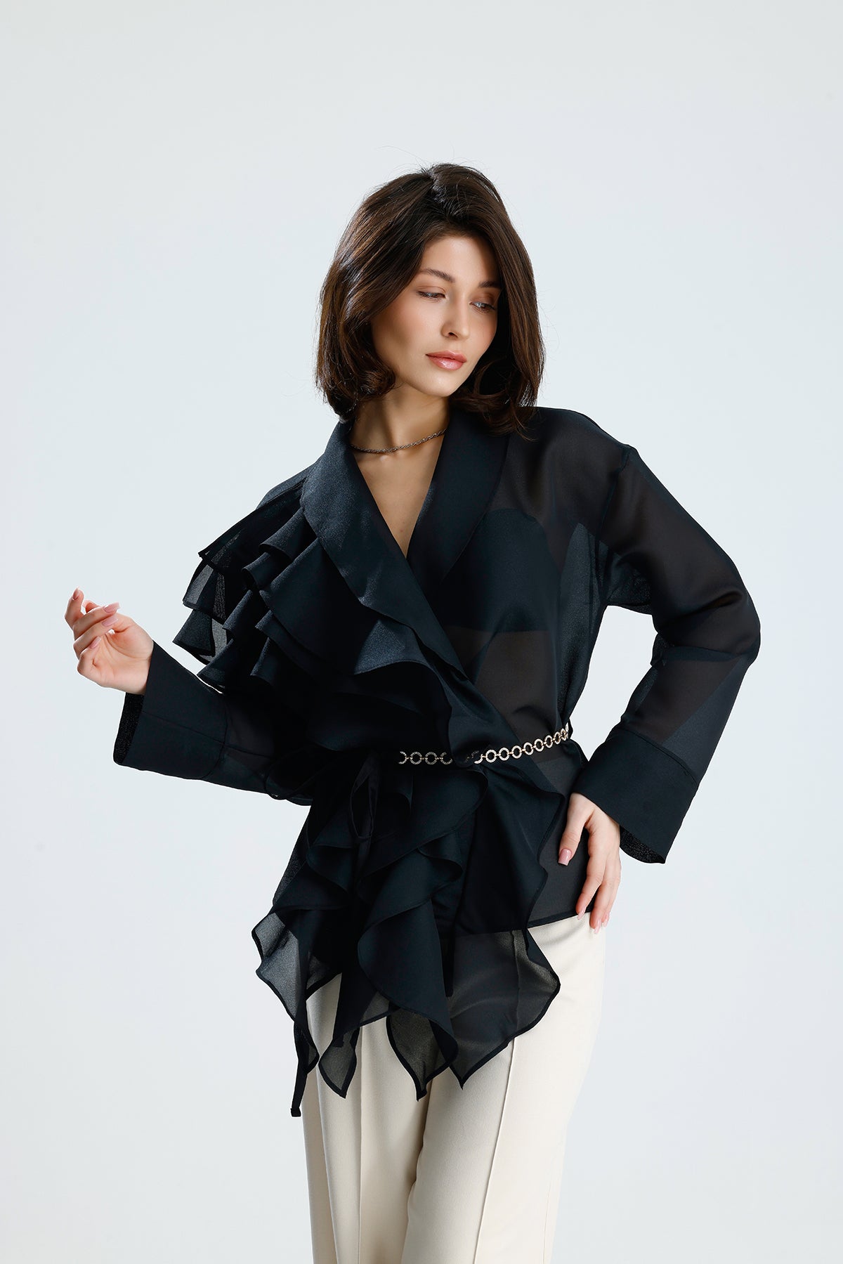 Black Cascade Ruffle Blouse