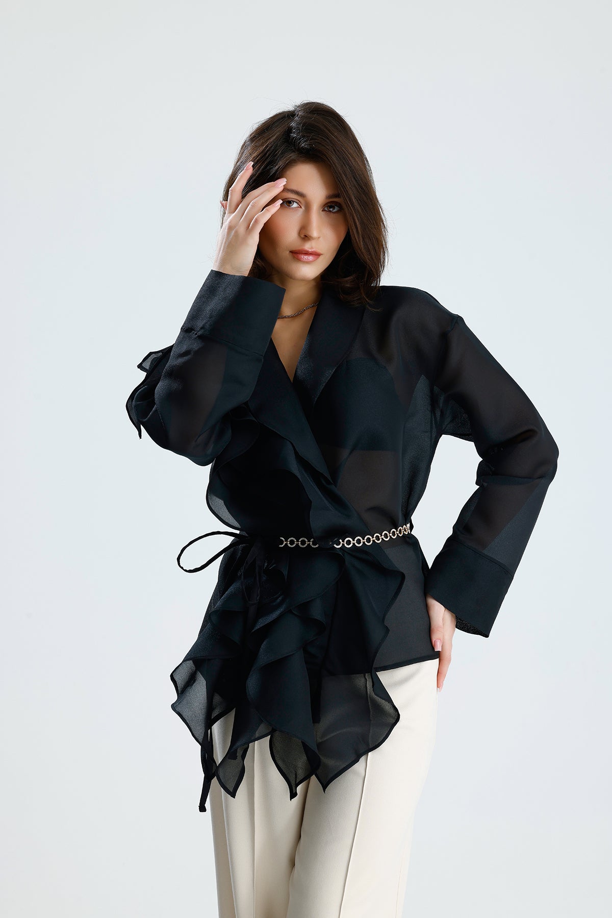 Black Cascade Ruffle Blouse