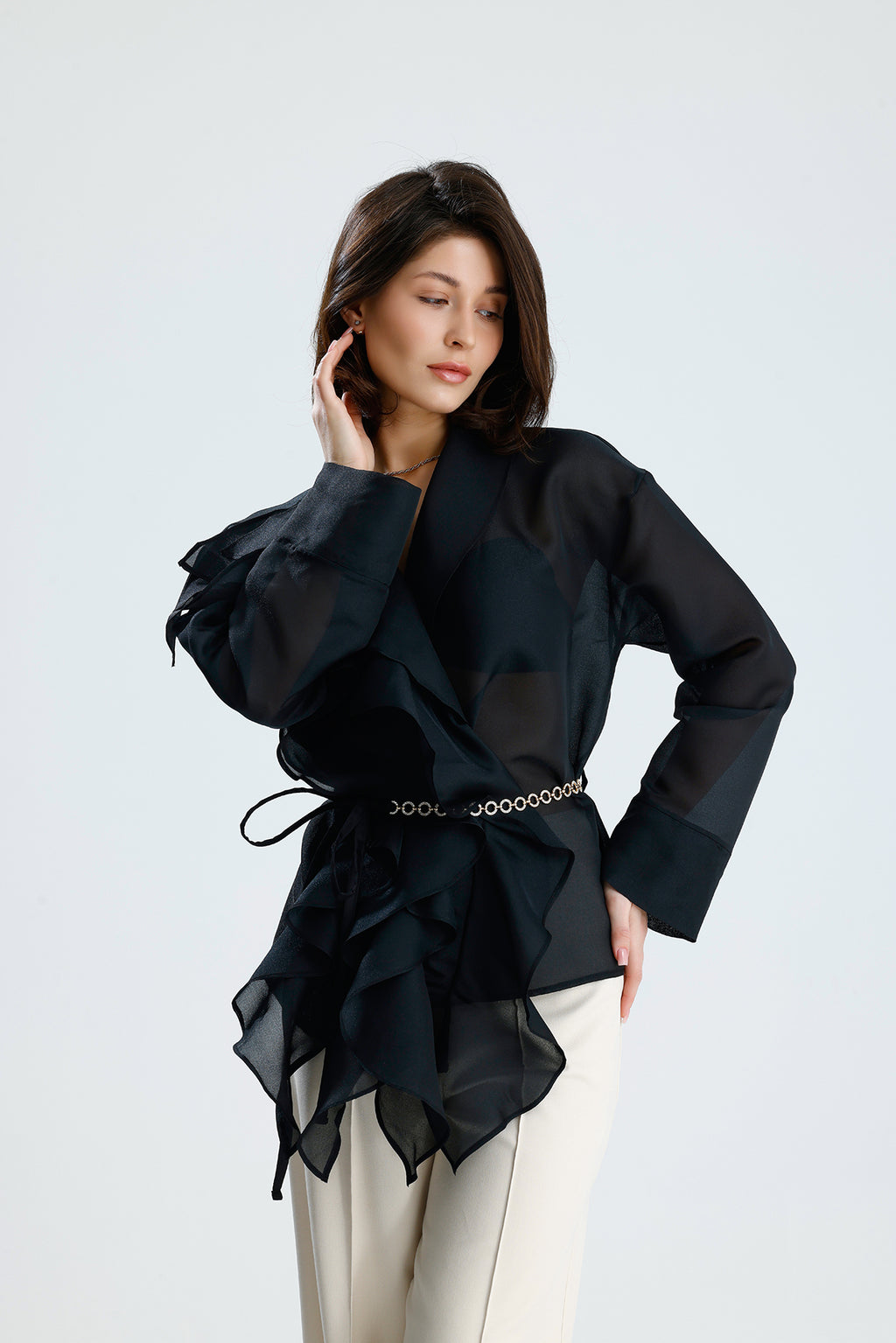 Black Cascade Ruffle Blouse