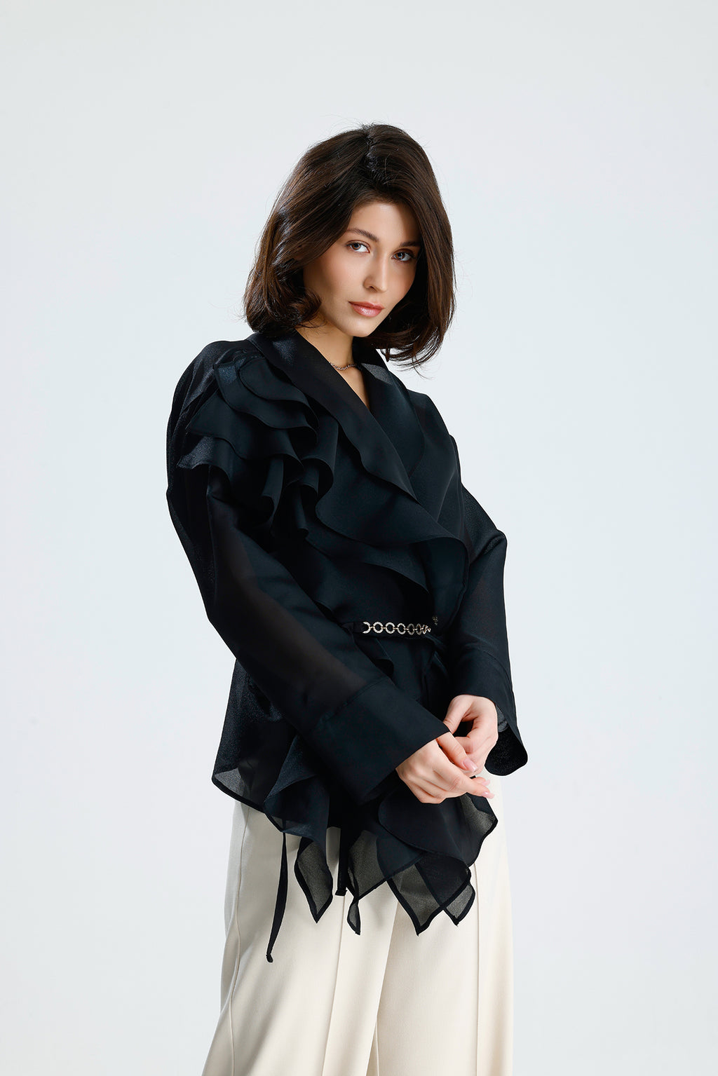 Black Cascade Ruffle Blouse