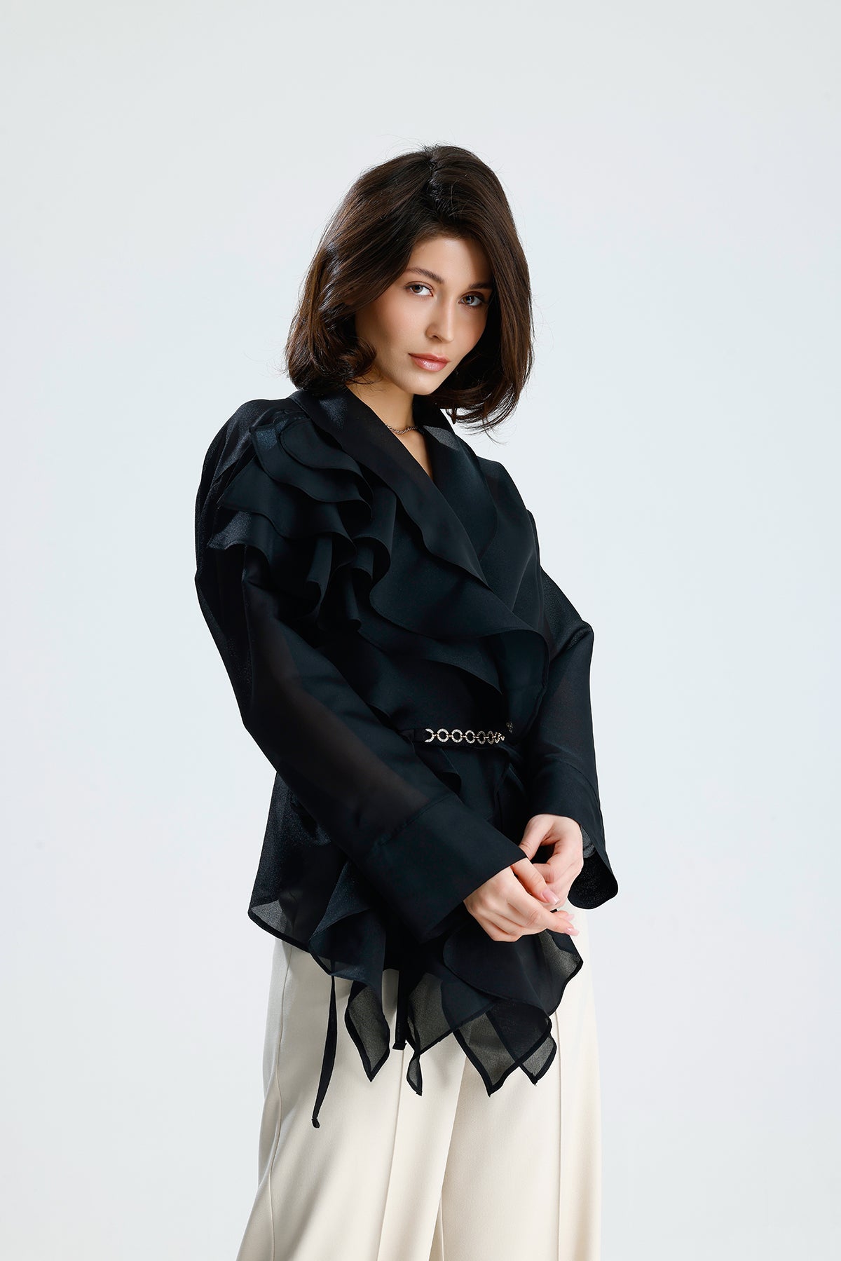 Black Cascade Ruffle Blouse
