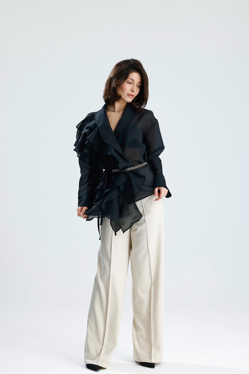 Black Cascade Ruffle Blouse