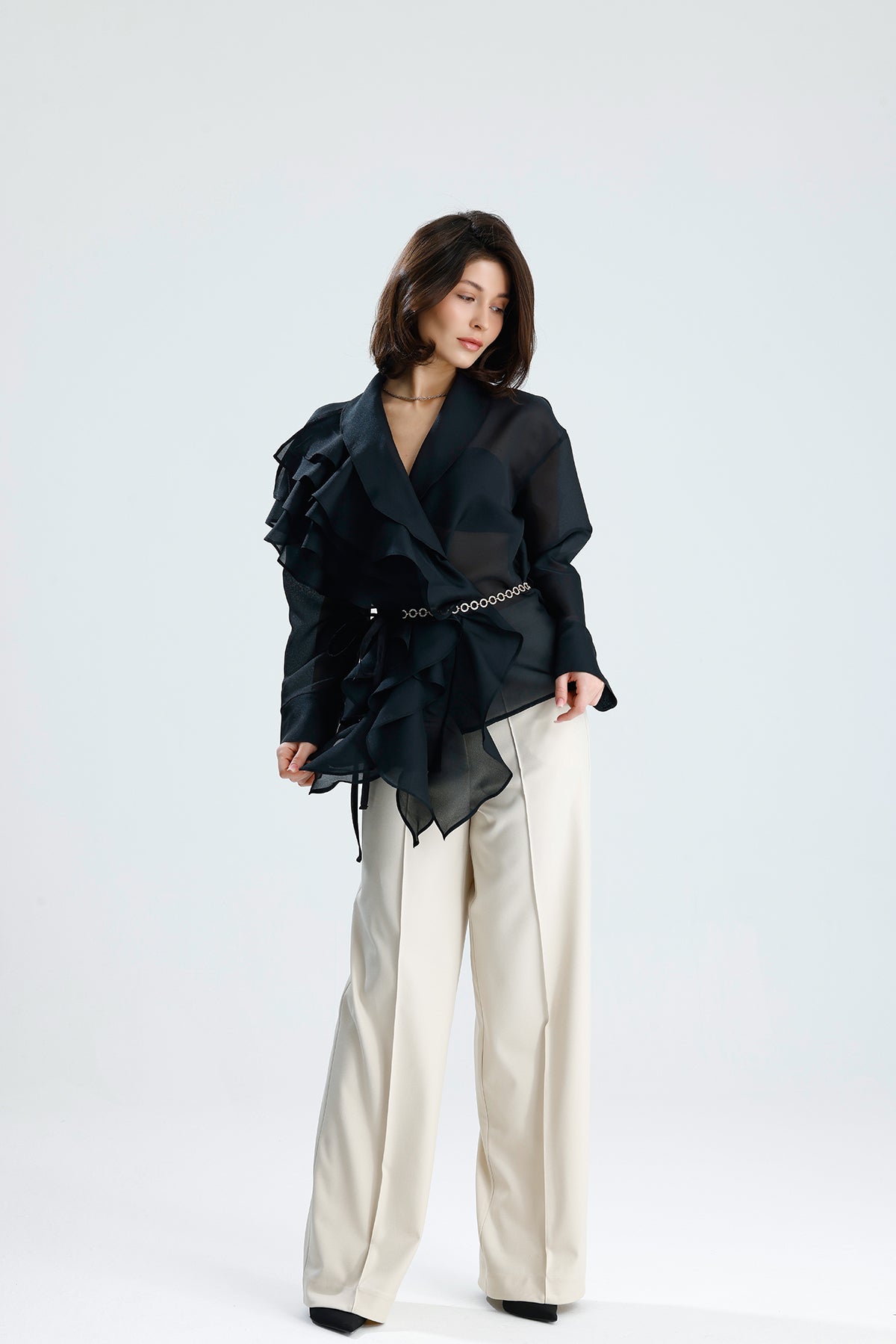 Black Cascade Ruffle Blouse
