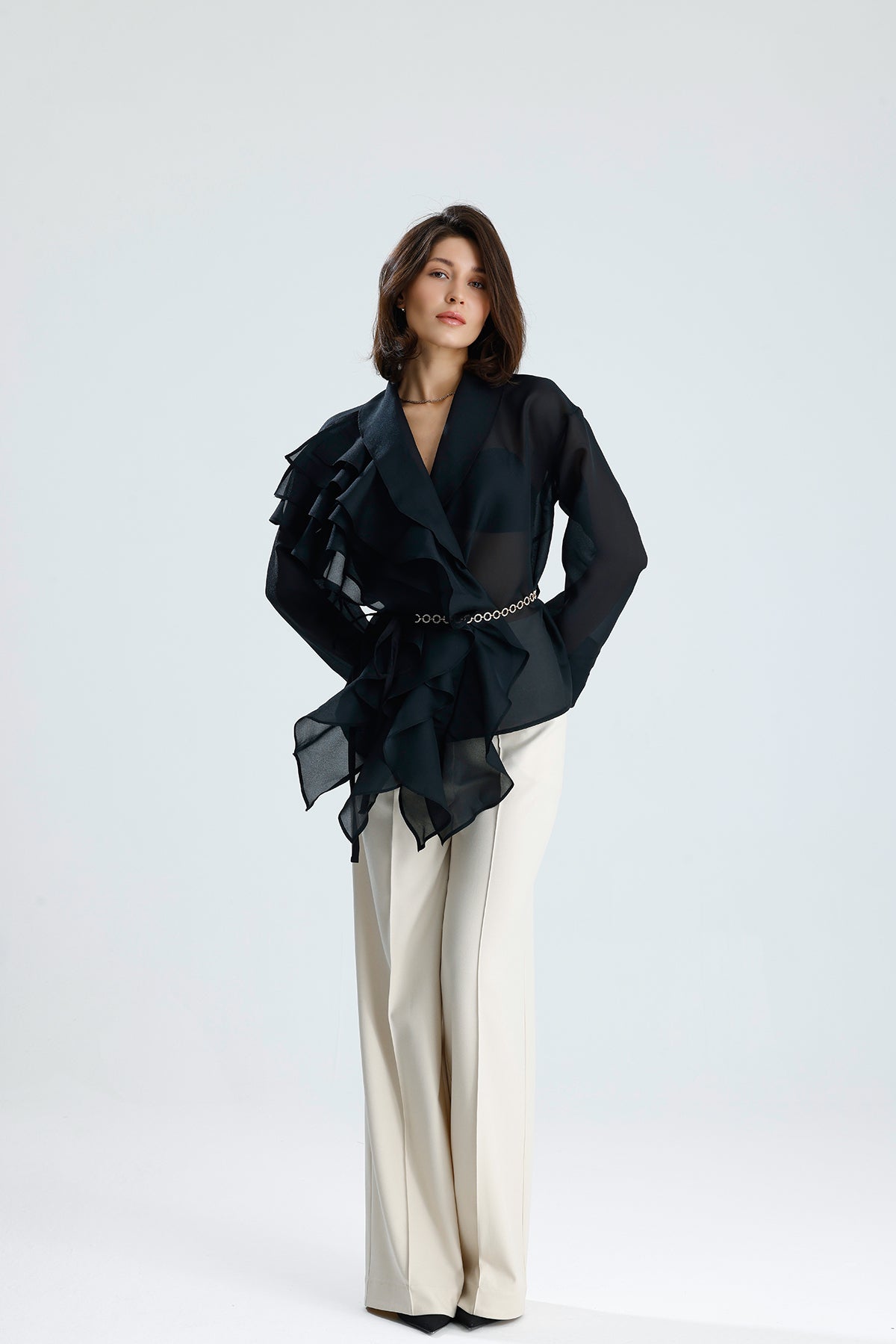 Black Cascade Ruffle Blouse