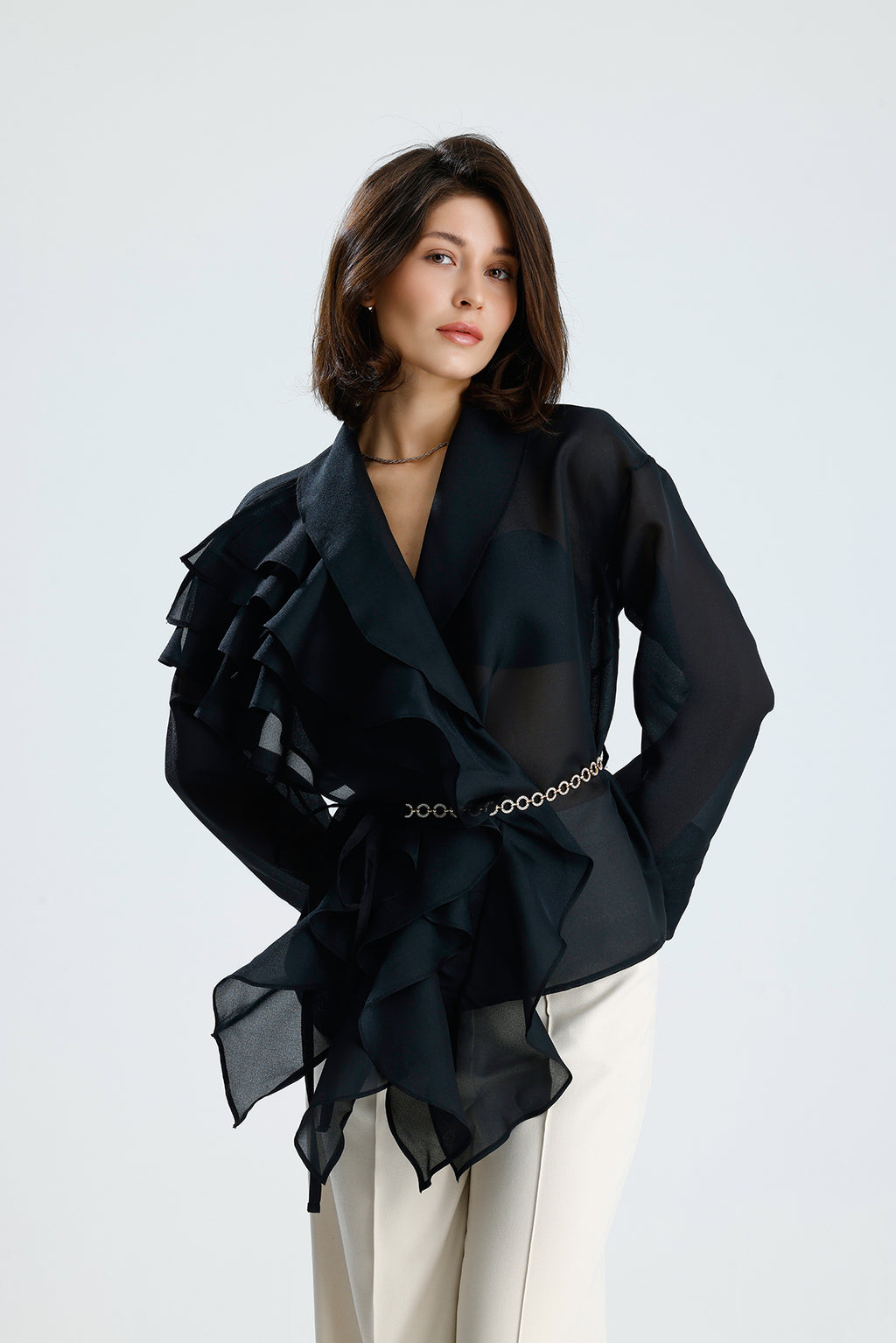 Black Cascade Ruffle Blouse