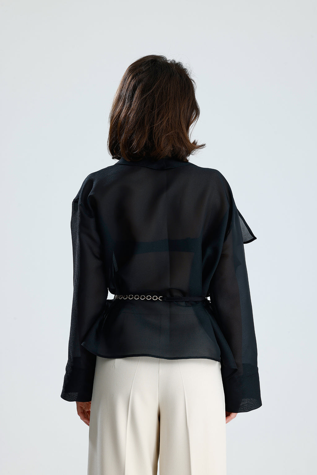 Black Cascade Ruffle Blouse