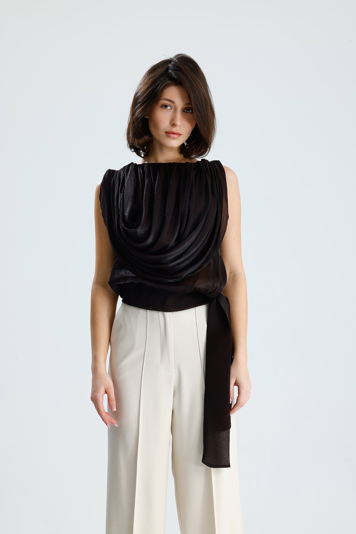 Brown Draped Chiffon Top