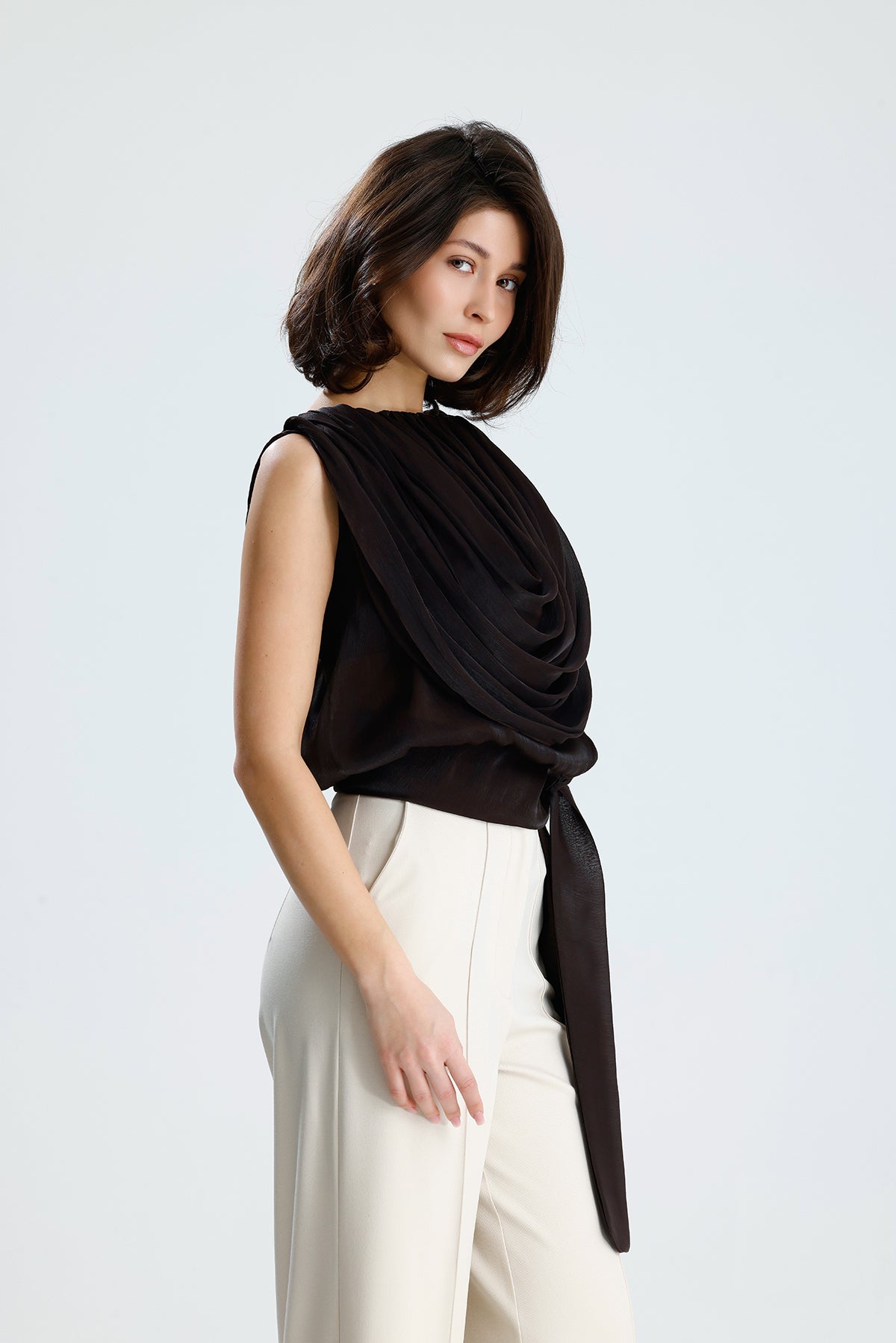 Brown Draped Chiffon Top