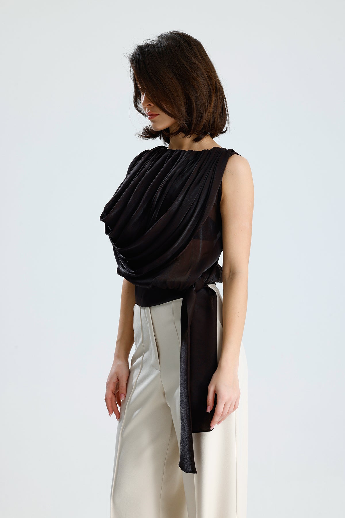 Brown Draped Chiffon Top