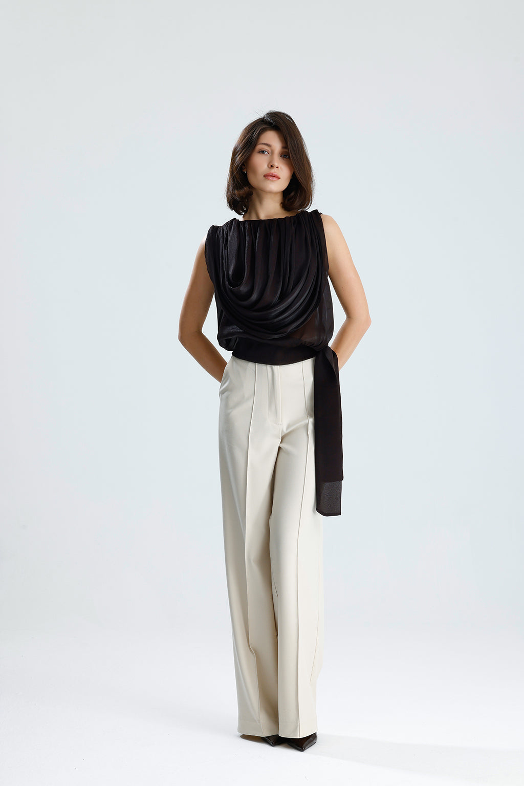 Brown Draped Chiffon Top