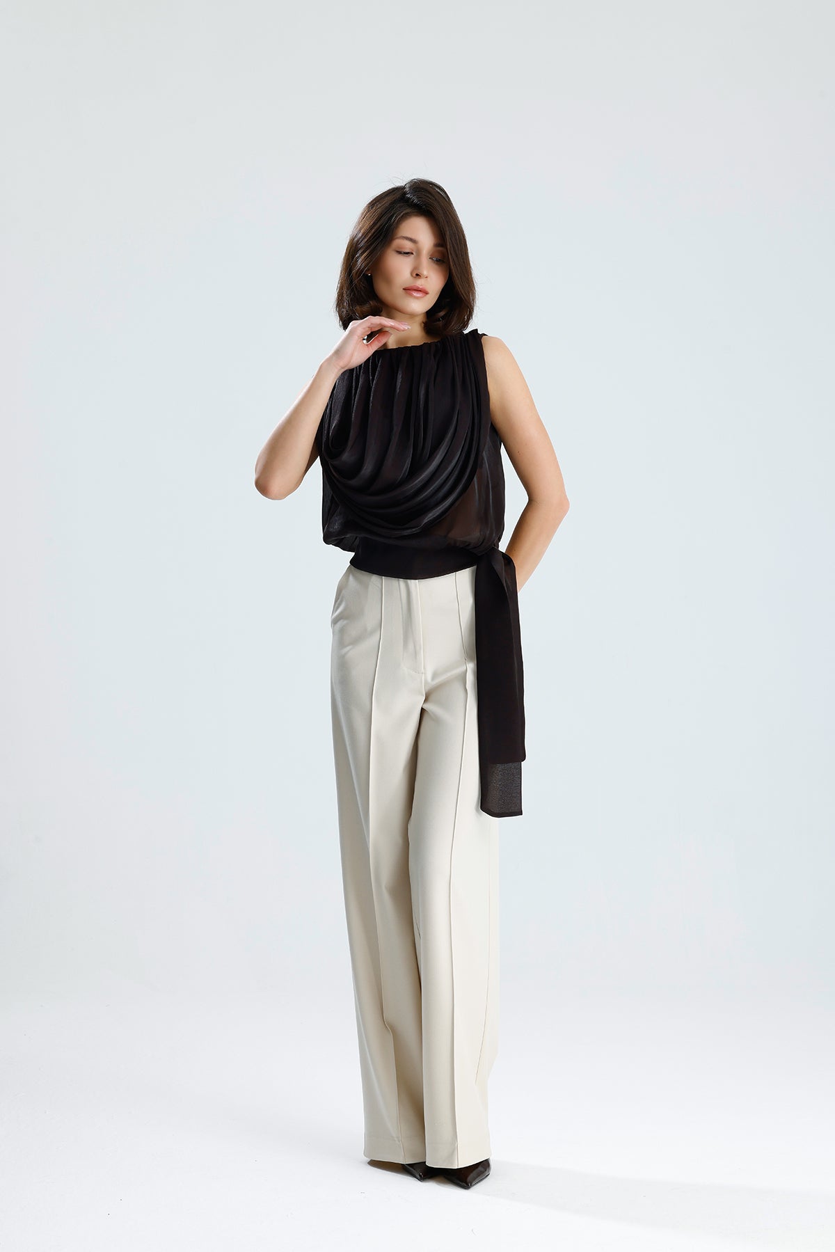 Brown Draped Chiffon Top