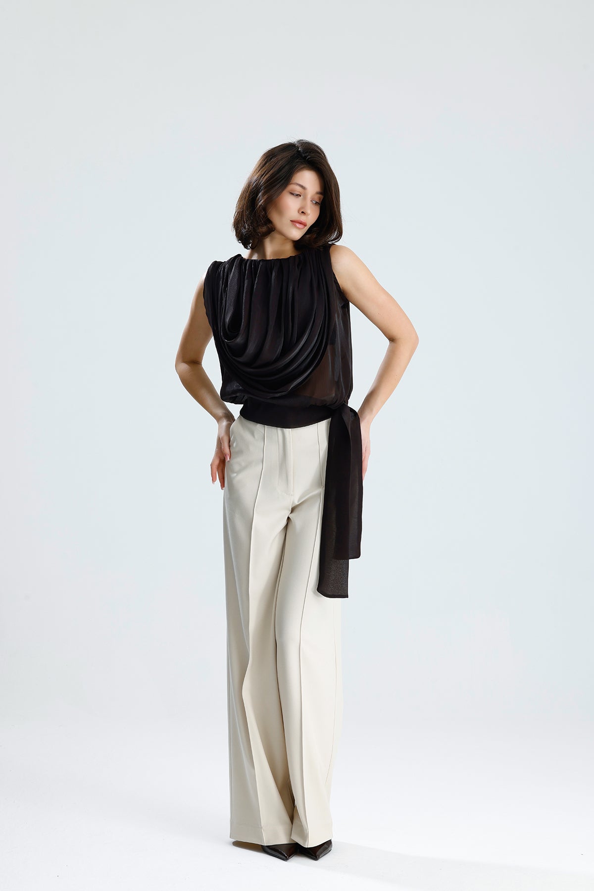 Brown Draped Chiffon Top