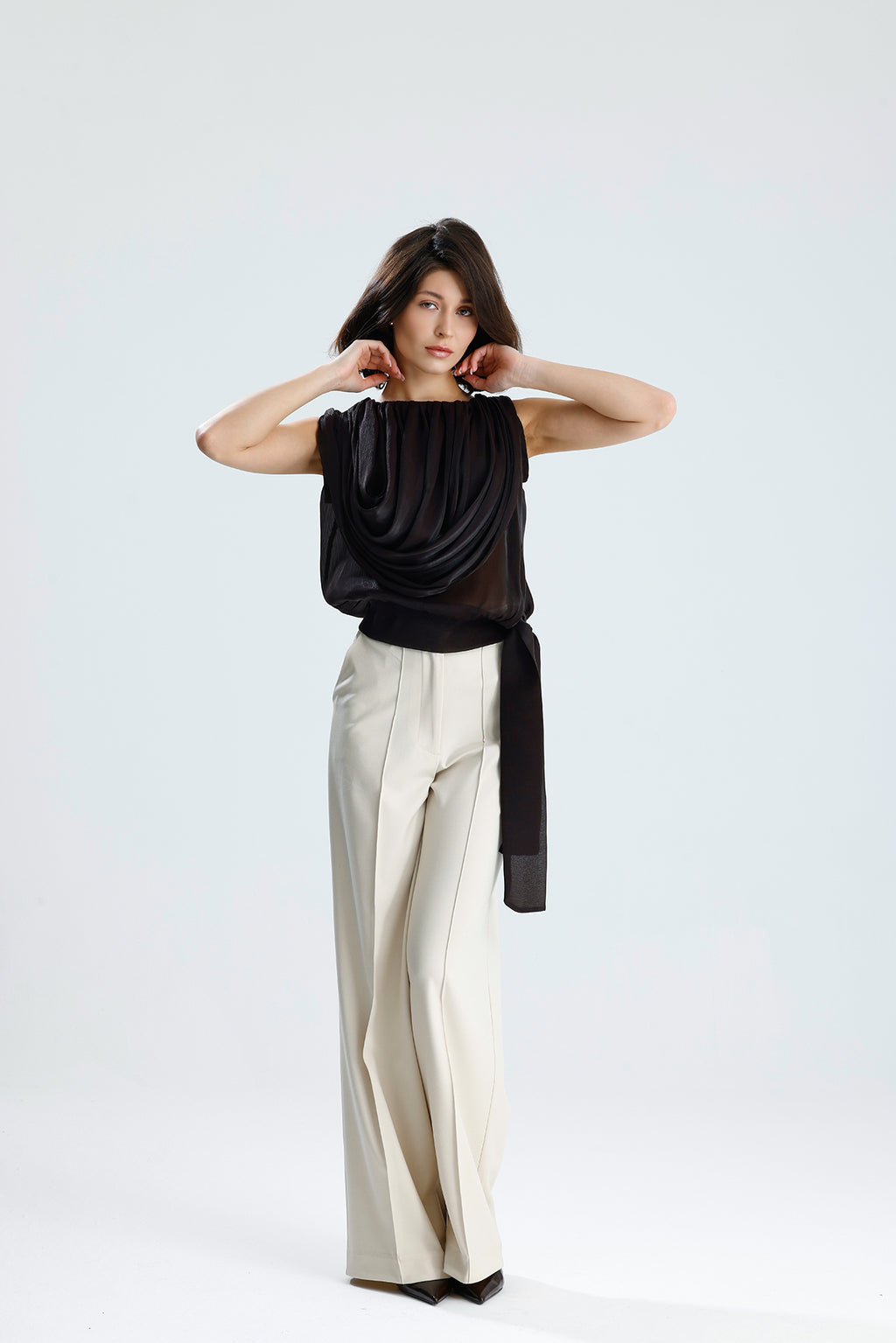 Brown Draped Chiffon Top