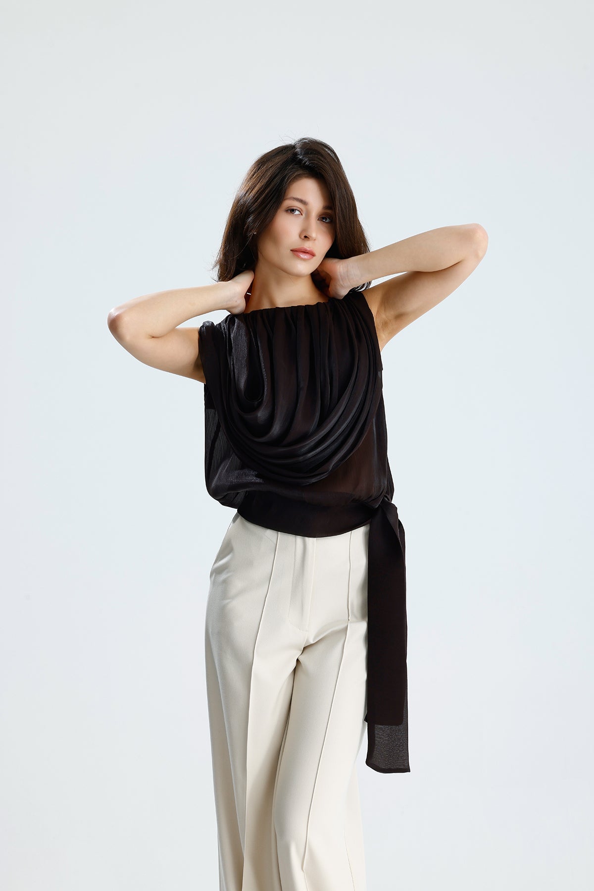 Brown Draped Chiffon Top