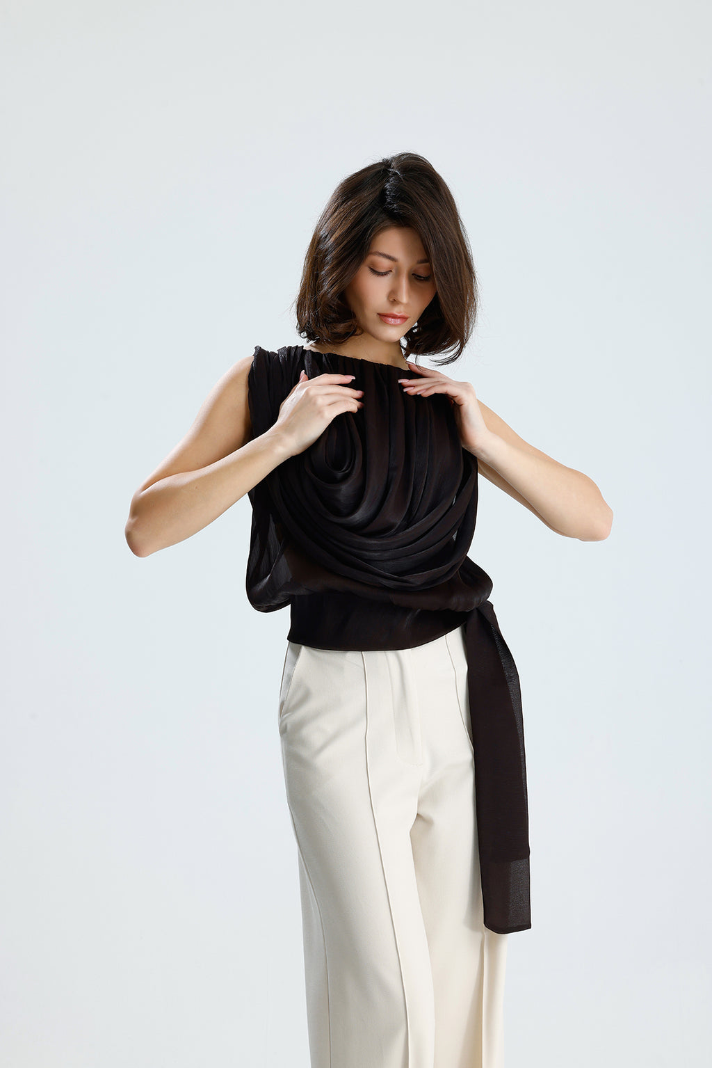 Brown Draped Chiffon Top
