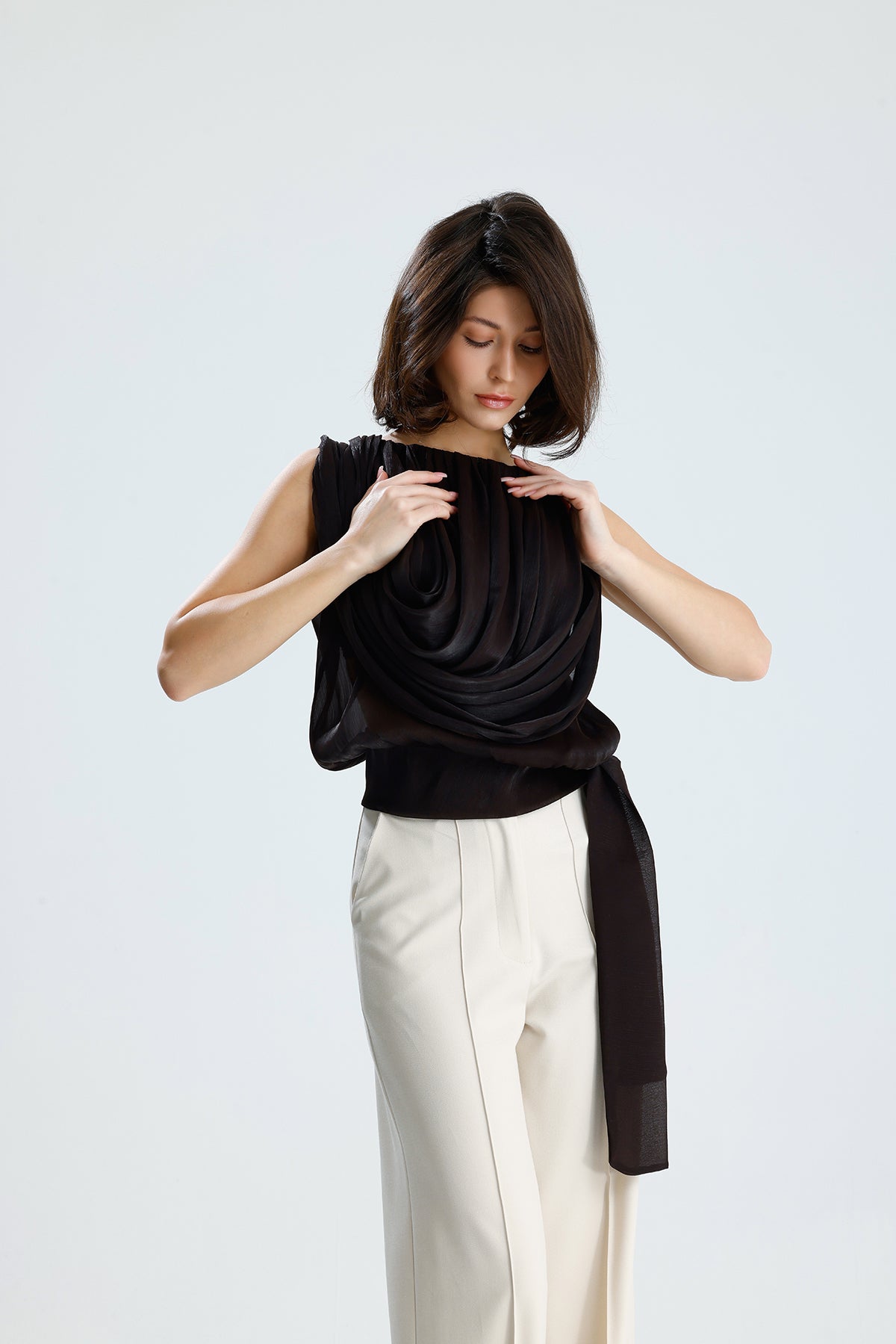 Brown Draped Chiffon Top