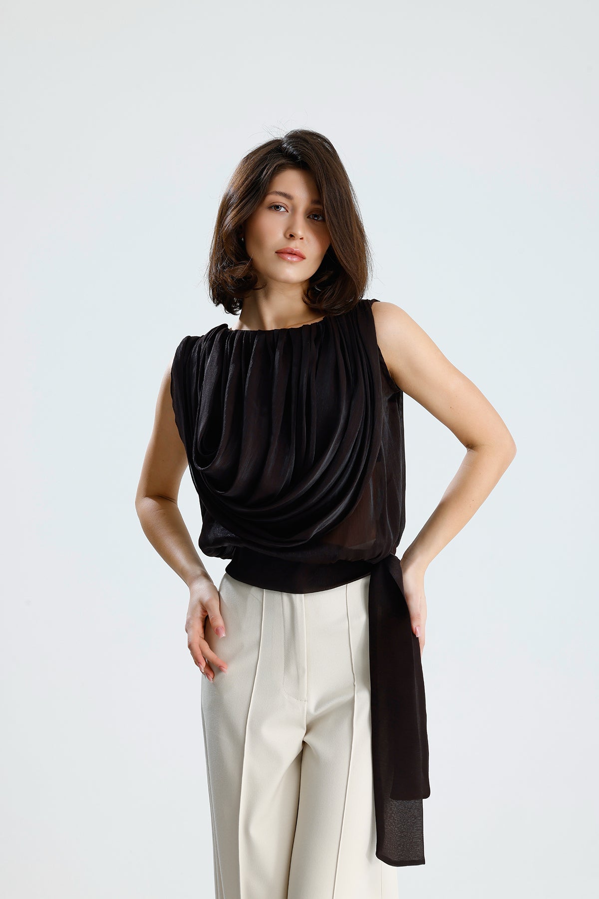 Brown Draped Chiffon Top
