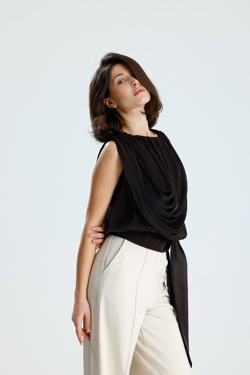 Brown Draped Chiffon Top