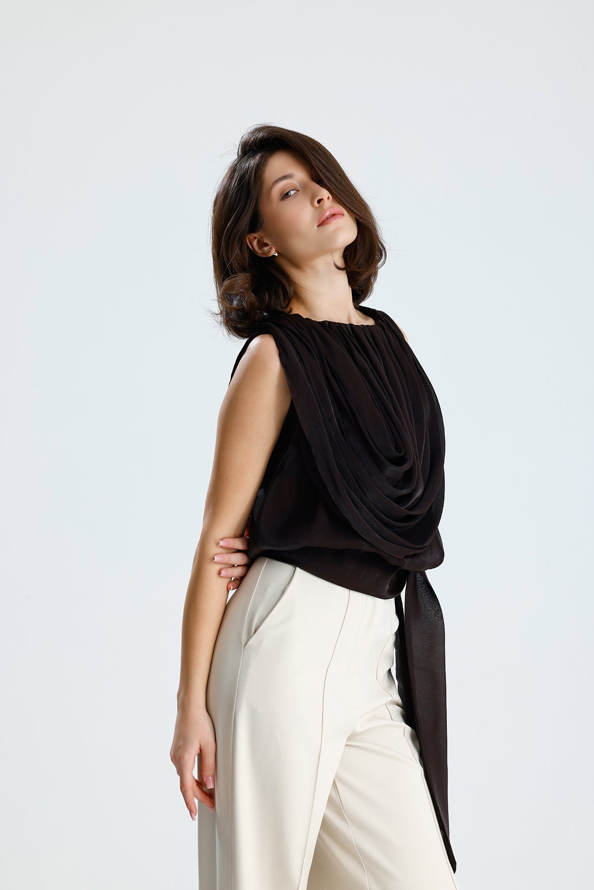 Brown Draped Chiffon Top