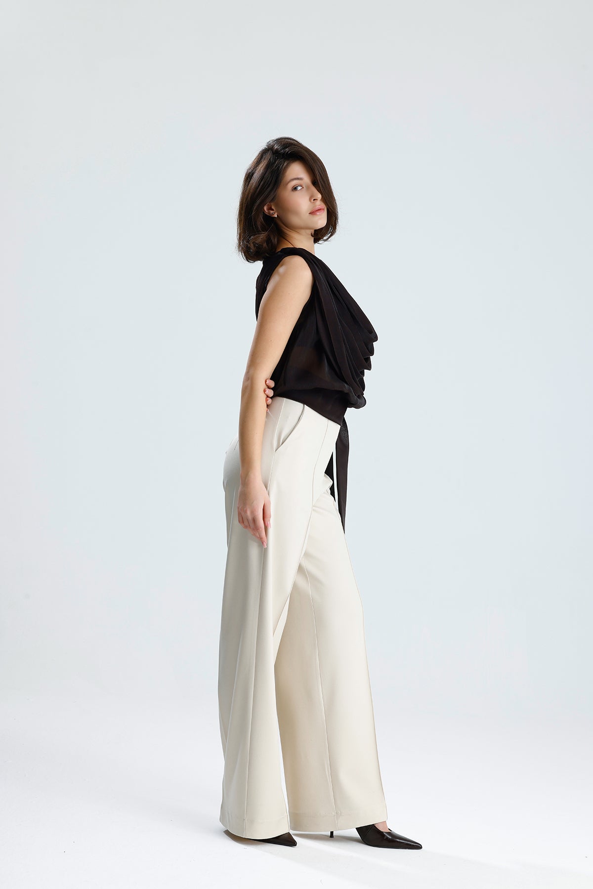 Brown Draped Chiffon Top