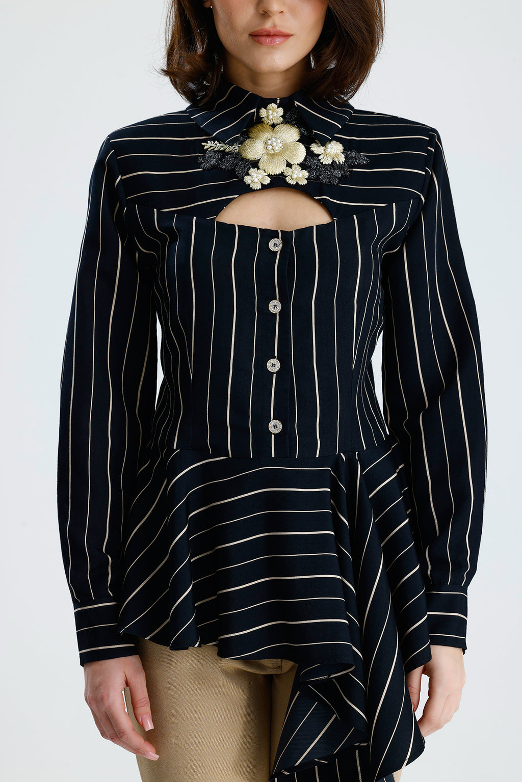 Embellished Cut-Out Striped Blouse